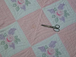 Cottage Romance Vintage 30s Pink & White Embroidered Rose QUILT 82x72 