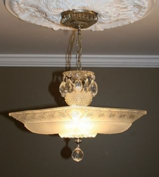 Antique large square frosted glass art deco custom light fixture chandelier 5