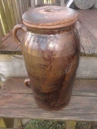 Antique 5g Rare Glaze 3 Handles Catawba Valley Nc Stoneware Butter Churn Crock