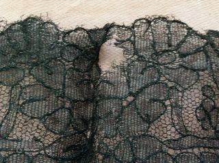 huge antique black lace shawl triangular,  crisp fabric w great flower patterns 12