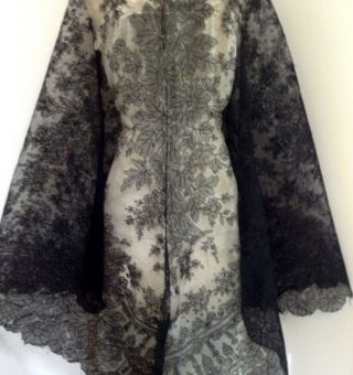 Huge Antique Black Lace Shawl Triangular,  Crisp Fabric W Great Flower Patterns