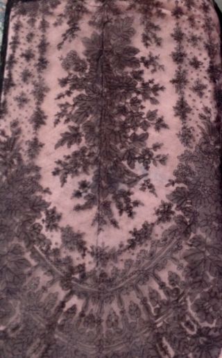 huge antique black lace shawl triangular,  crisp fabric w great flower patterns 5