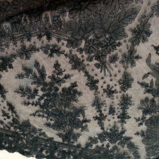 huge antique black lace shawl triangular,  crisp fabric w great flower patterns 9