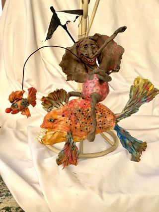 Primitive HANDSCULPTEDPAPERMACHE /CLAY FISH & ELEPHANT RIDER CLOWN FISH TOO 10” 2