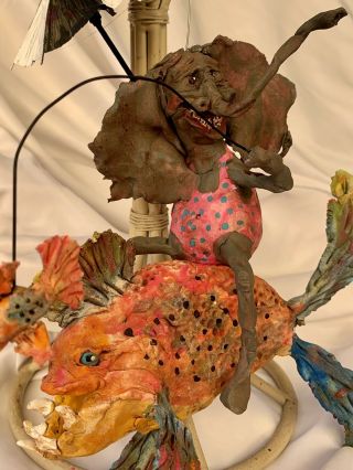 Primitive HANDSCULPTEDPAPERMACHE /CLAY FISH & ELEPHANT RIDER CLOWN FISH TOO 10” 6