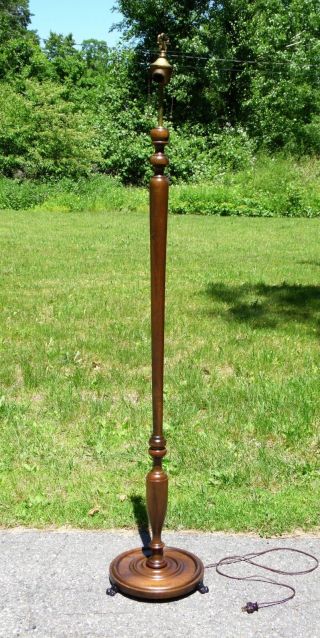Antique Turned Carved Solid Walnut Footed Floor Lamp Brass Finial Dual Lighting