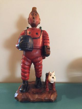 VINTAGE HIGHLY COLLECTIBLE LARGE TINTIN ASTRONAUT WOOD STATUE 3