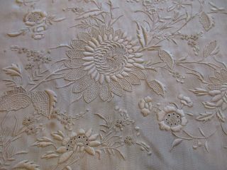 Antique Ivory Silk Piano Scarf Shawl Satin Cotton Embroidered Flowers 10