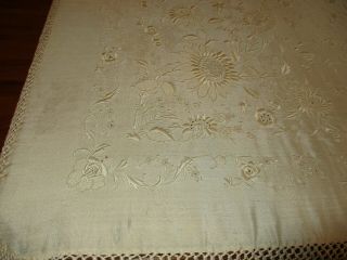 Antique Ivory Silk Piano Scarf Shawl Satin Cotton Embroidered Flowers 11