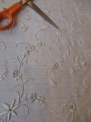Antique Ivory Silk Piano Scarf Shawl Satin Cotton Embroidered Flowers 12