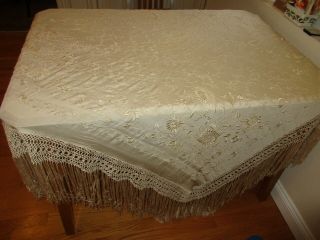 Antique Ivory Silk Piano Scarf Shawl Satin Cotton Embroidered Flowers 4