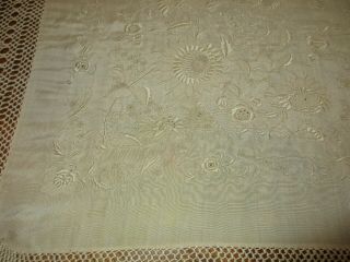 Antique Ivory Silk Piano Scarf Shawl Satin Cotton Embroidered Flowers 6