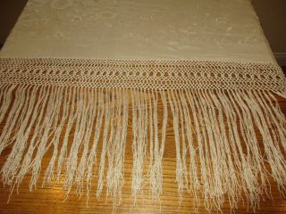 Antique Ivory Silk Piano Scarf Shawl Satin Cotton Embroidered Flowers 7