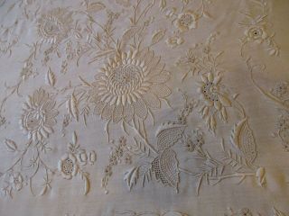 Antique Ivory Silk Piano Scarf Shawl Satin Cotton Embroidered Flowers 9