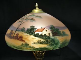 Antique Reverse Painted Lamp Pink Satin Glass Landscape Pittsburgh Art Nouveau 2