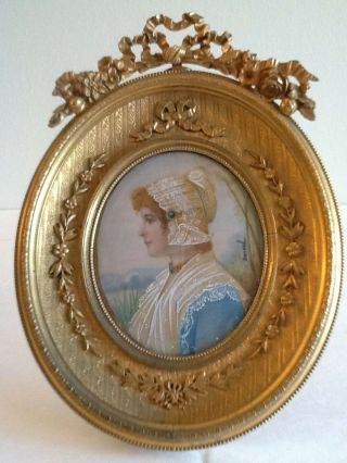 Antique French Signed Miniature Country Maiden Lace Hat & Collar Gilt Oval Frame