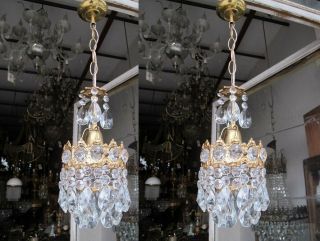 A Pair Antique Vintage French Brass Mini Crystal Chandelier Lamp 1940s 5,  6 " Dmtr
