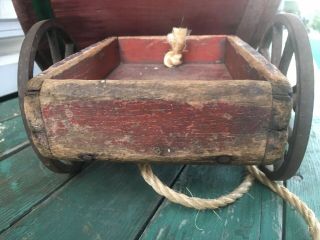 Antique Square Nailed Old Red Painted Miniature Childs Pull Toy Wagon AAFA 3