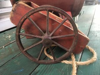Antique Square Nailed Old Red Painted Miniature Childs Pull Toy Wagon AAFA 4