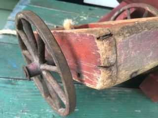 Antique Square Nailed Old Red Painted Miniature Childs Pull Toy Wagon AAFA 7