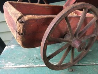 Antique Square Nailed Old Red Painted Miniature Childs Pull Toy Wagon AAFA 8