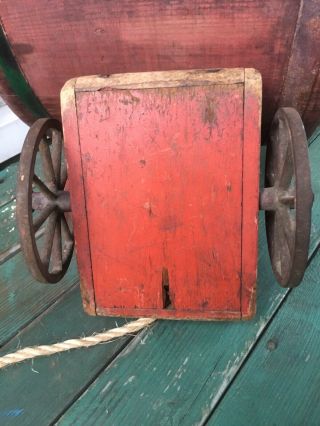 Antique Square Nailed Old Red Painted Miniature Childs Pull Toy Wagon AAFA 9