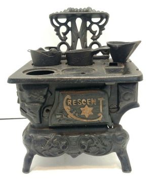 Antique Crescent Cast Iron Salesman Sample Toy Doll Stove 7.  75 " Tall Accessories