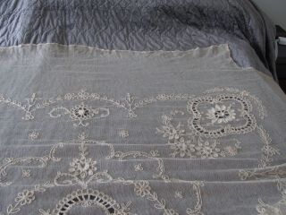 Antique Creamy French TAMBOUR LACE Bed Cover FLOWERS Openwork 10