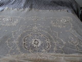 Antique Creamy French TAMBOUR LACE Bed Cover FLOWERS Openwork 11