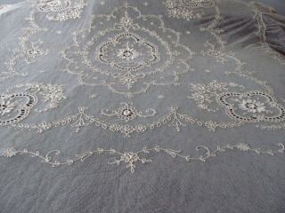 Antique Creamy French Tambour Lace Bed Cover Flowers Openwork