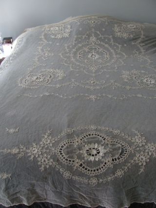 Antique Creamy French TAMBOUR LACE Bed Cover FLOWERS Openwork 2