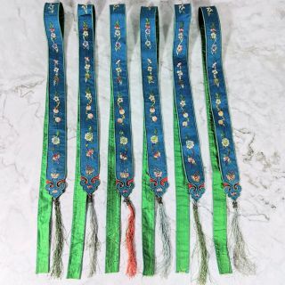 Antique China Chinese Blue Silk Ribbon Sashes W/ Floral Embroidery 37 " X 1.  25 "