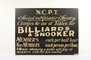 Vintage " Charges For Use Of Tables For Billiards & Snooker " Hand Painted Sign