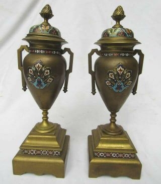 Antique French Champleve Enamel Bronze Moorish Style Footed Mantle Urns