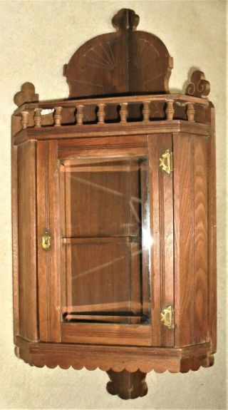 Antique English Oak Wood Wall Victorian Corner Medicine Cabinet Beveled Glass