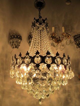 Antique Vnt French Big Basket Crystal Chandelier Lamp 1940 