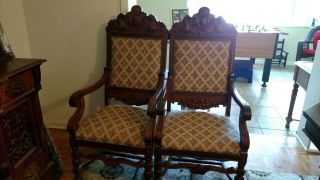 RJ Horner Antique Chairs,  solid Oak Sturdy and carving in. 2