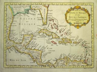 1757 Large Bellin Map Of Gulf Of Mexico,  Florida,  West Indies