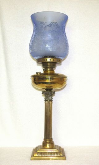 LARGE BLUE ETCHED & FROSTED KEROSENE OIL LAMP SHADE GLOBE - SHERWOODS B&H 7