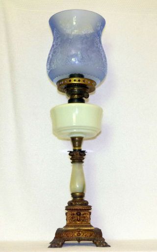 LARGE BLUE ETCHED & FROSTED KEROSENE OIL LAMP SHADE GLOBE - SHERWOODS B&H 8