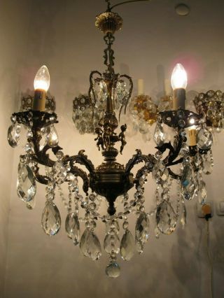 Antique Vintage Massive Bronze 5 arms Crystal Chandelier Lamp lustre 1960s RARE 2