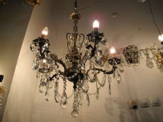 Antique Vintage Massive Bronze 5 arms Crystal Chandelier Lamp lustre 1960s RARE 6