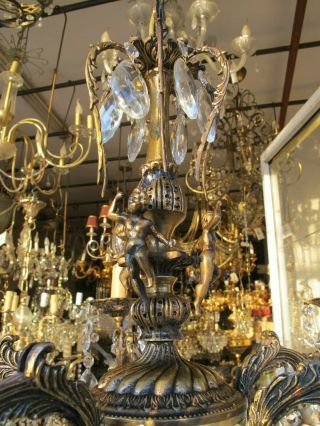 Antique Vintage Massive Bronze 5 arms Crystal Chandelier Lamp lustre 1960s RARE 8