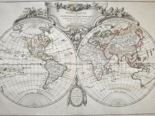 Large Attractive Print Map Of The World Hemispheres By Lattre Janvier - 1762