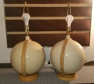 Mid Century Boho Franco Albini/Paul Frankl Style Ceramic&Rattan Round Ball Lamps 7