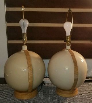 Mid Century Boho Franco Albini/Paul Frankl Style Ceramic&Rattan Round Ball Lamps 8