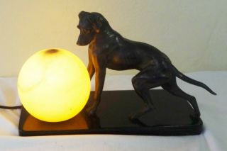 Antique Art Deco Cast Metal Table Lamp With Dog Staring At Glass Globe