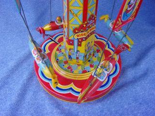 VG 1950s J.  Chein RIDE A ROCKET Carnival Circus Ride Windup Tin Toy 2