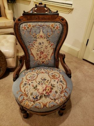 Victorian Upholstered Needlepoint Ladies Parlor Chair,