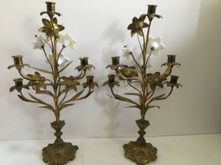 Antique Gilt Metal Floral Candelabra H 21” 11